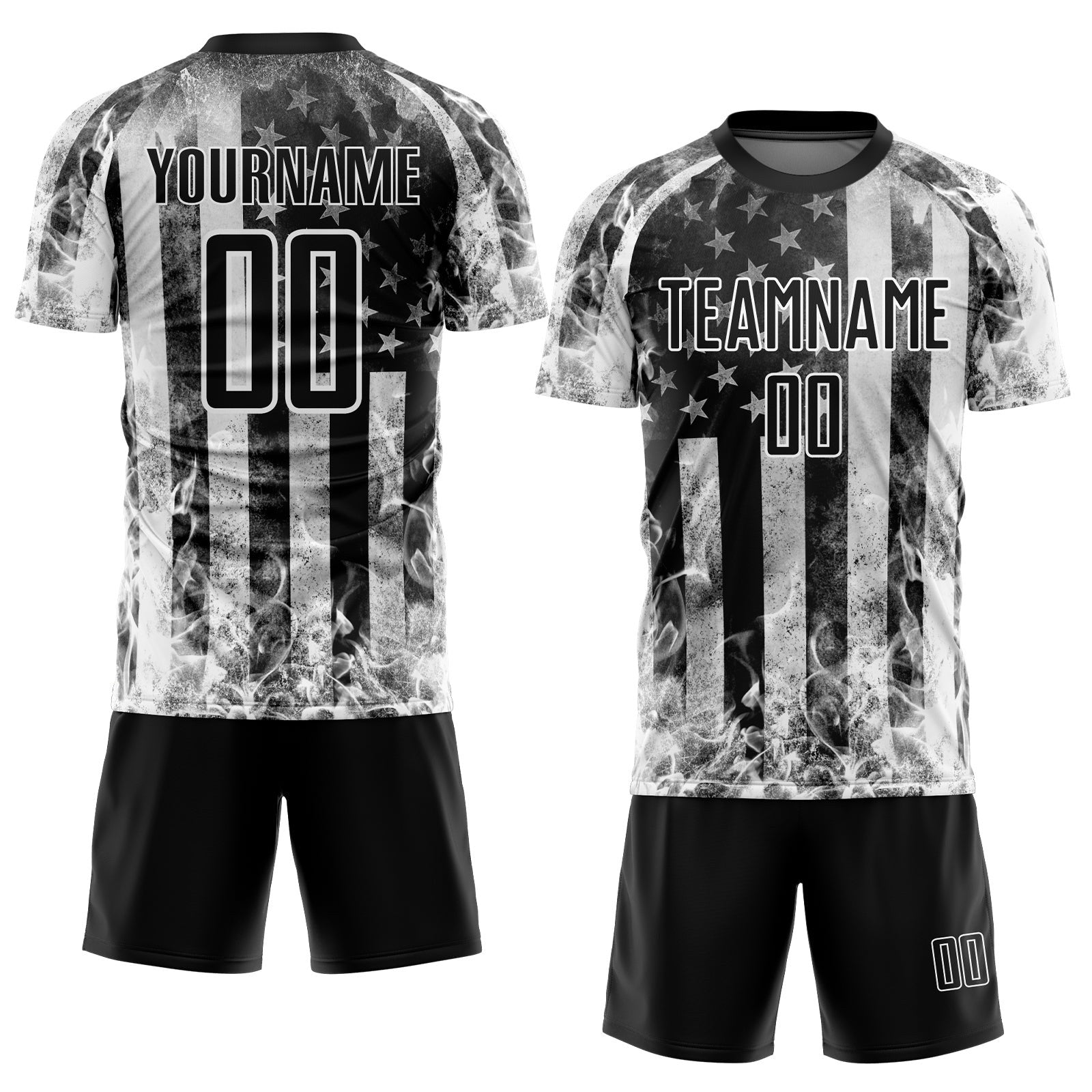 Custom Black Gray-White American Flag Flame Sublimation Soccer Uniform Jersey photo 2