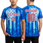 Custom Thunder Blue Red-White American Flag Flame Sublimation Soccer Uniform Jersey worn front and back