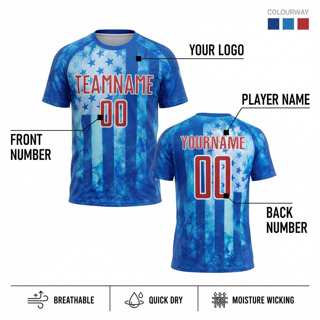 Custom Thunder Blue American Flag Flame Sublimated Soccer Jersey with Red and White Lettering customization guide