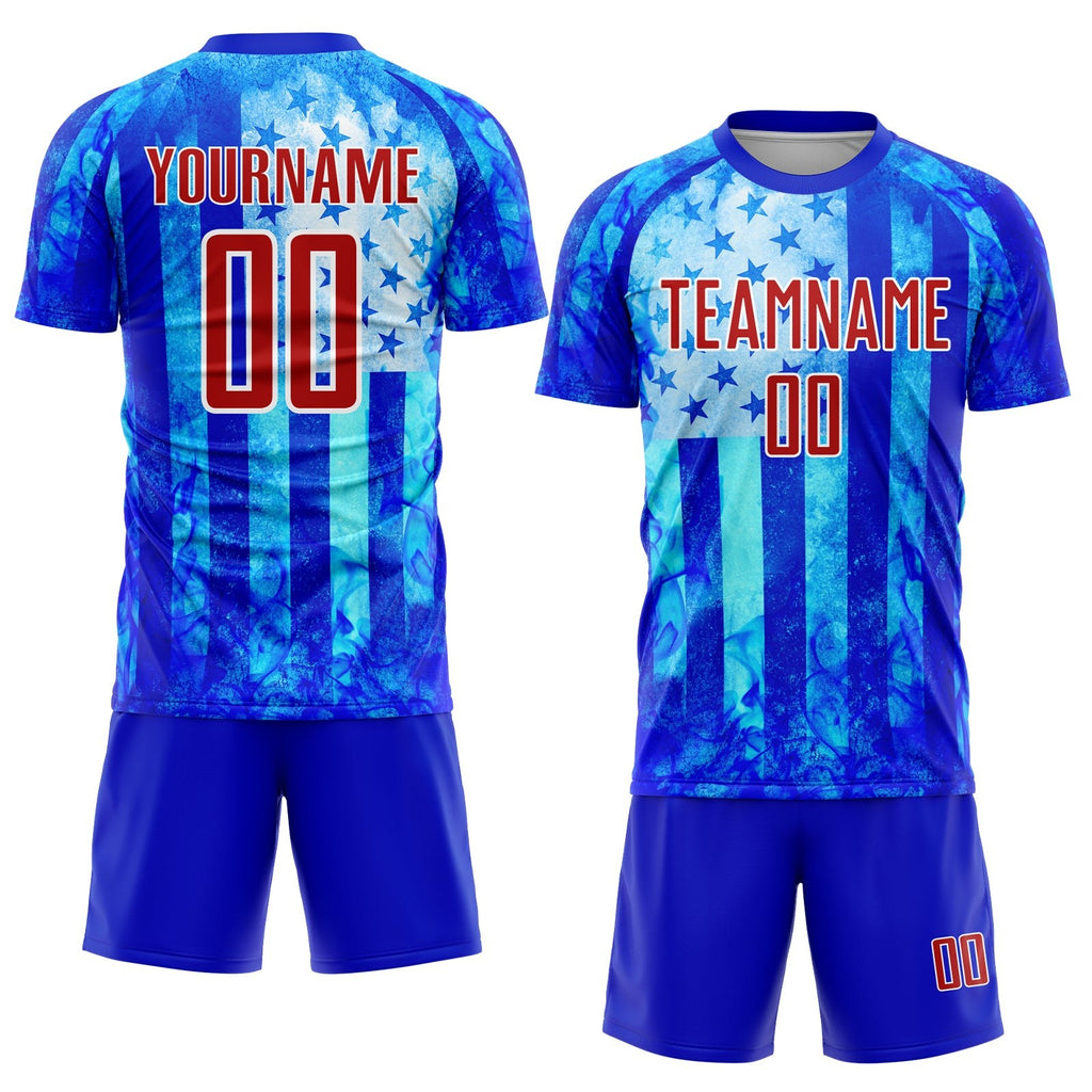 Custom Thunder Blue Red-White American Flag Flame Sublimation Soccer Uniform Jersey photo 2