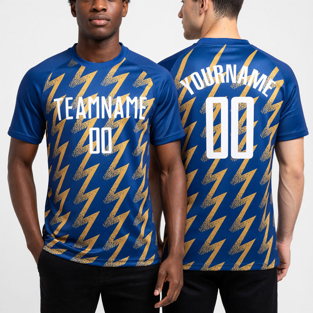 Custom Royal White-Old Gold Zigzag Shape Sublimation Soccer Uniform Jersey worn front and back