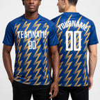 Custom Royal White-Old Gold Zigzag Shape Sublimation Soccer Uniform Jersey worn front and back