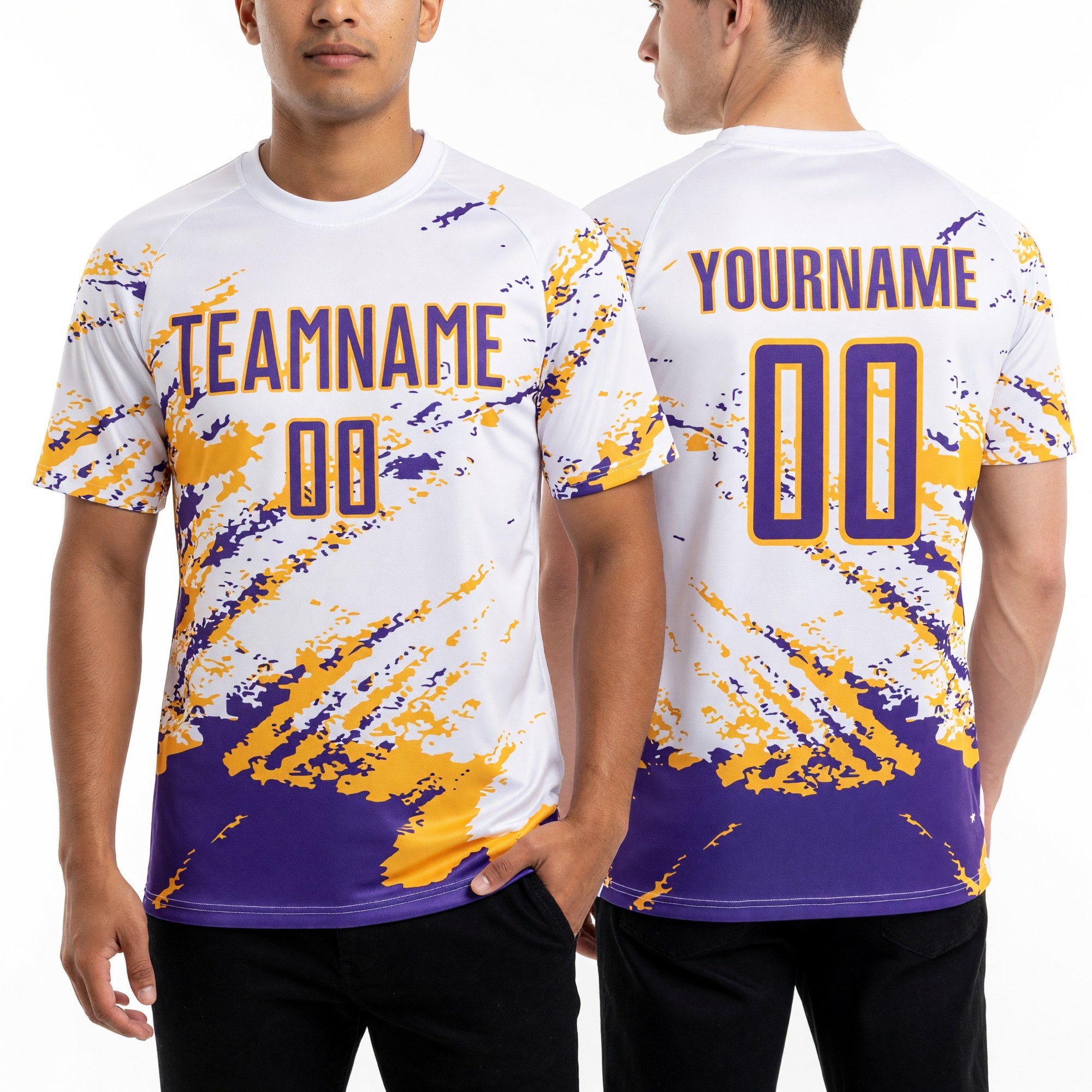 Custom White Purple-Gold Abstract Fragment Art Splash Sublimation Soccer Uniform Jersey worn front and back