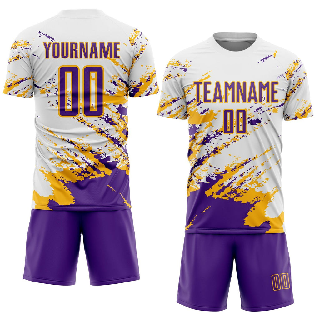 Custom White Purple-Gold Abstract Fragment Art Splash Sublimation Soccer Uniform Jersey photo 2