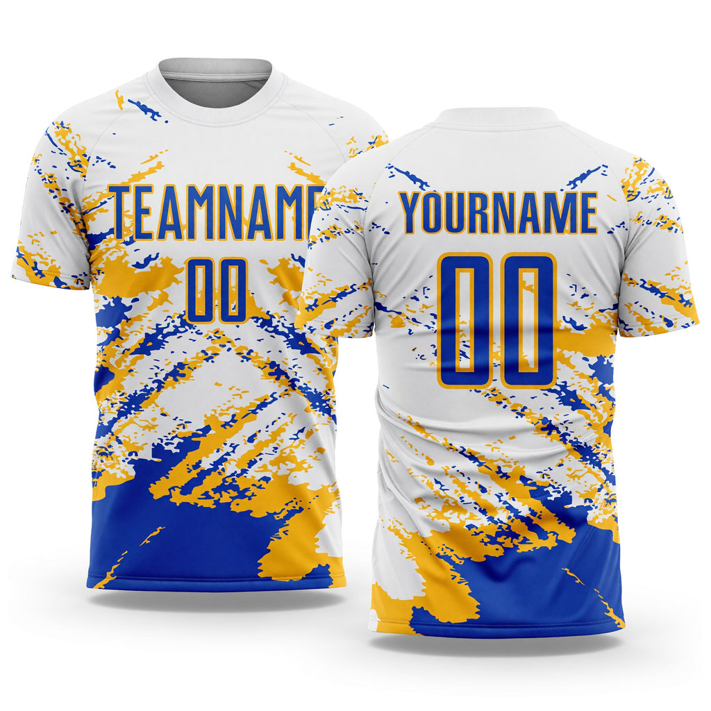 Custom White Thunder Blue-Gold Abstract Fragment Art Splash Sublimation Soccer Uniform Jersey