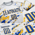 Custom White Thunder Blue-Gold Abstract Fragment Art Splash Sublimation Soccer Uniform Jersey detail