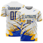 Custom White Thunder Blue-Gold Abstract Fragment Art Splash Sublimation Soccer Uniform Jersey photo 1