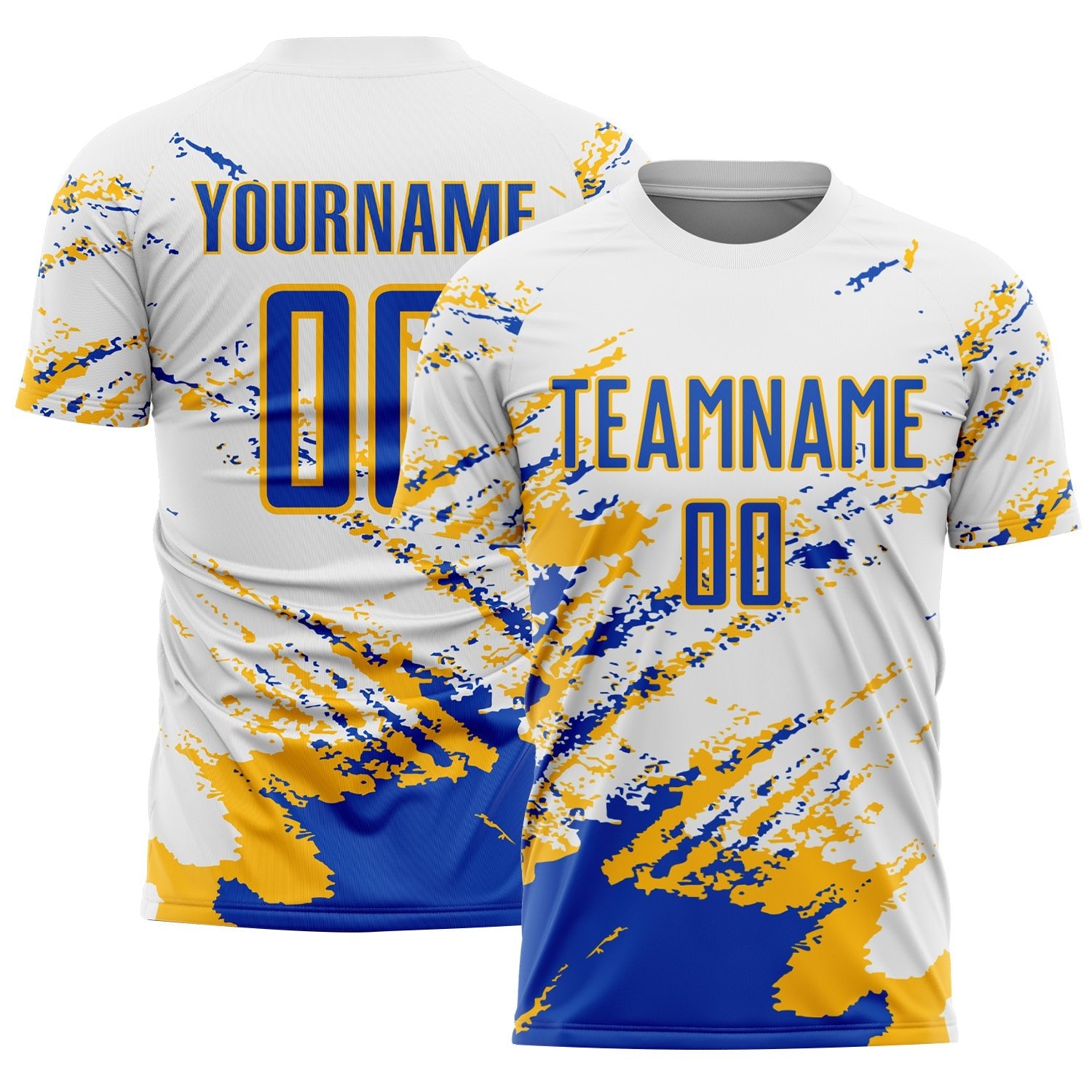 Custom White Thunder Blue-Gold Abstract Fragment Art Splash Sublimation Soccer Uniform Jersey photo 1