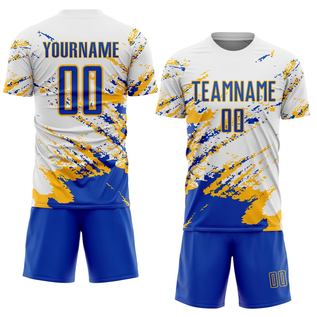 Custom White Thunder Blue-Gold Abstract Fragment Art Splash Sublimation Soccer Uniform Jersey photo 2