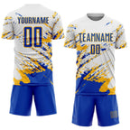 Custom White Thunder Blue-Gold Abstract Fragment Art Splash Sublimation Soccer Uniform Jersey photo 2