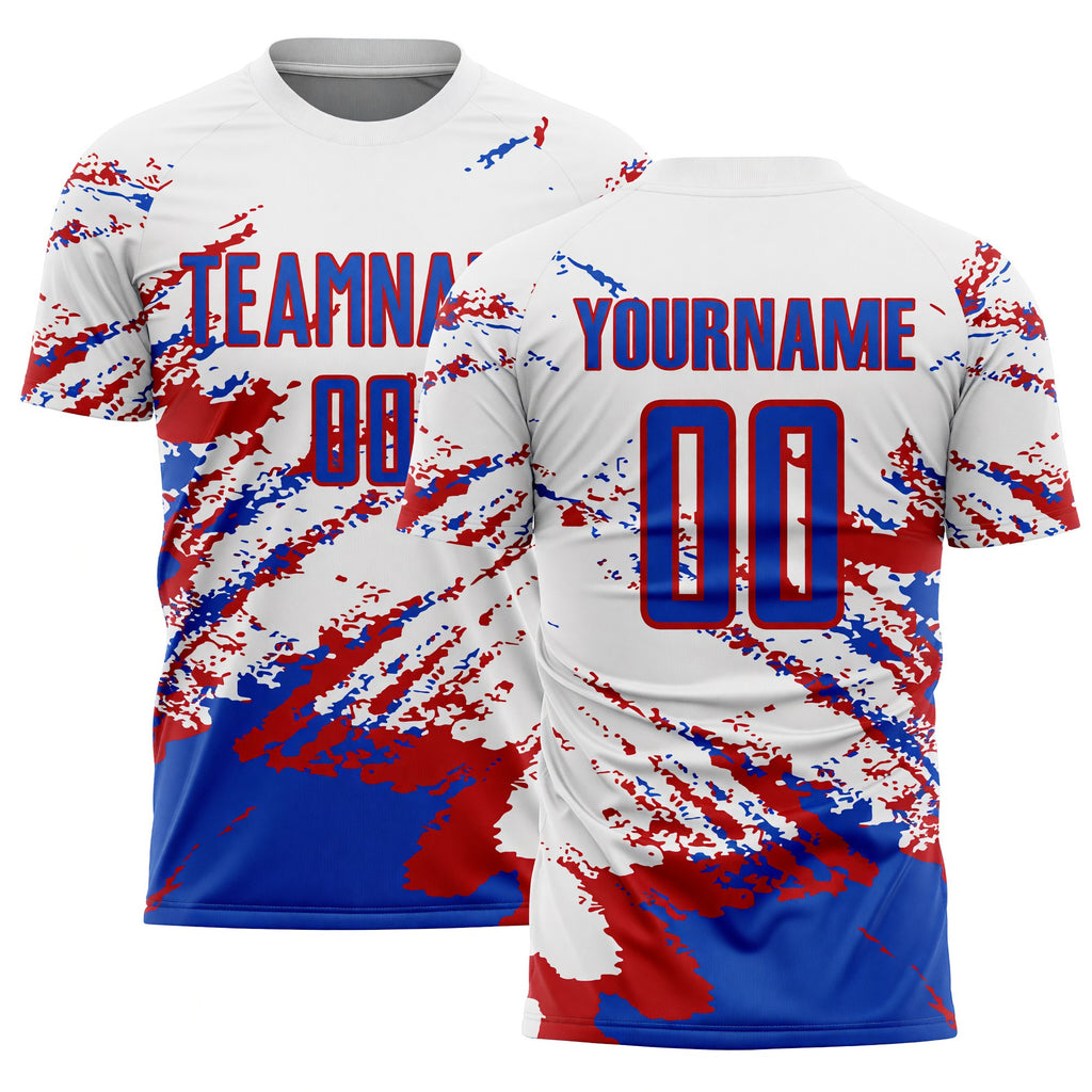 Custom White Thunder Blue-Red Abstract Fragment Art Splash Sublimation Soccer Uniform Jersey