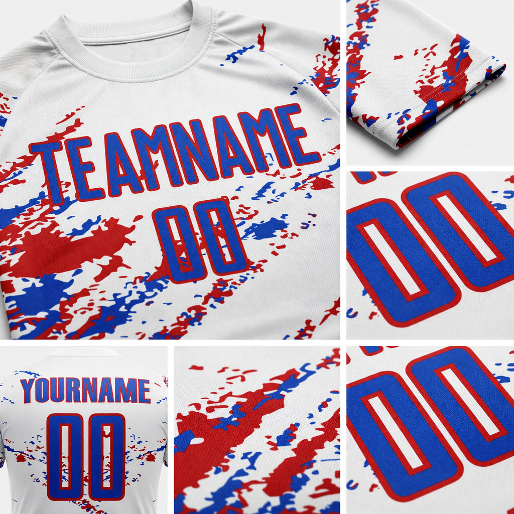 Custom White Thunder Blue-Red Abstract Fragment Art Splash Sublimation Soccer Uniform Jersey detail