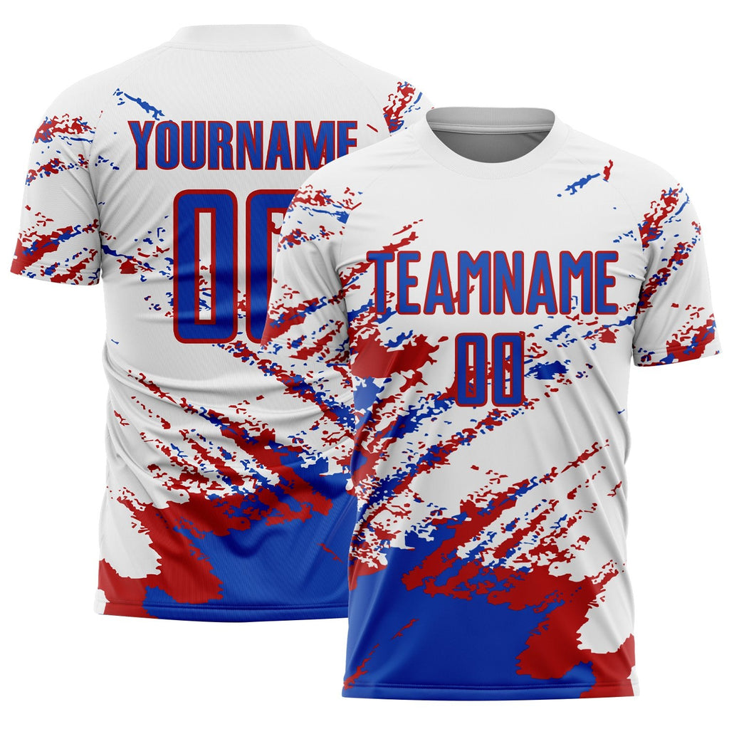 Custom White Thunder Blue-Red Abstract Fragment Art Splash Sublimation Soccer Uniform Jersey photo 1