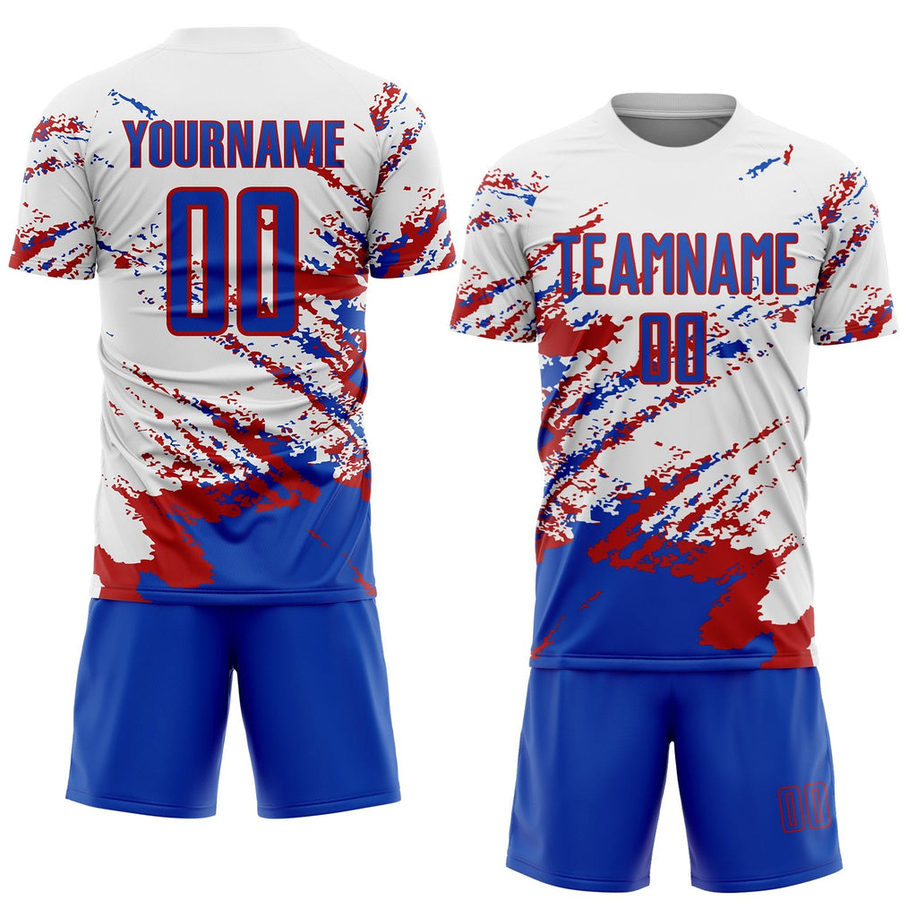Custom White Thunder Blue-Red Abstract Fragment Art Splash Sublimation Soccer Uniform Jersey photo 2