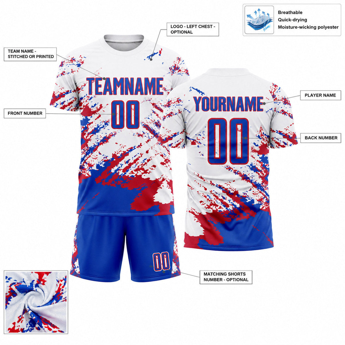 Custom White Abstract Fragment Art Sublimated Soccer Jersey with Thunder Blue and Red Lettering customization guide