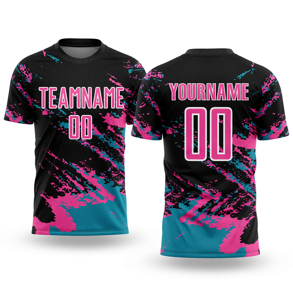 Custom Black Pink-Teal Abstract Fragment Art Splash Sublimation Soccer Uniform Jersey
