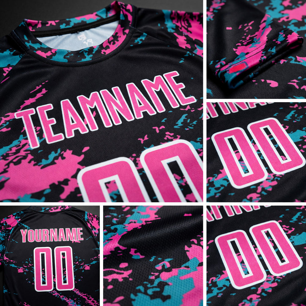Custom Black Pink-Teal Abstract Fragment Art Splash Sublimation Soccer Uniform Jersey detail
