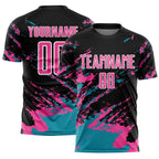 Custom Black Pink-Teal Abstract Fragment Art Splash Sublimation Soccer Uniform Jersey photo 1