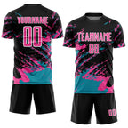 Custom Black Pink-Teal Abstract Fragment Art Splash Sublimation Soccer Uniform Jersey photo 2