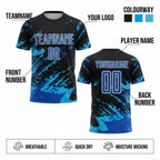 Custom Black Abstract Fragment Art Sublimated Soccer Jersey with Thunder Blue and Sky Blue Lettering customization guide