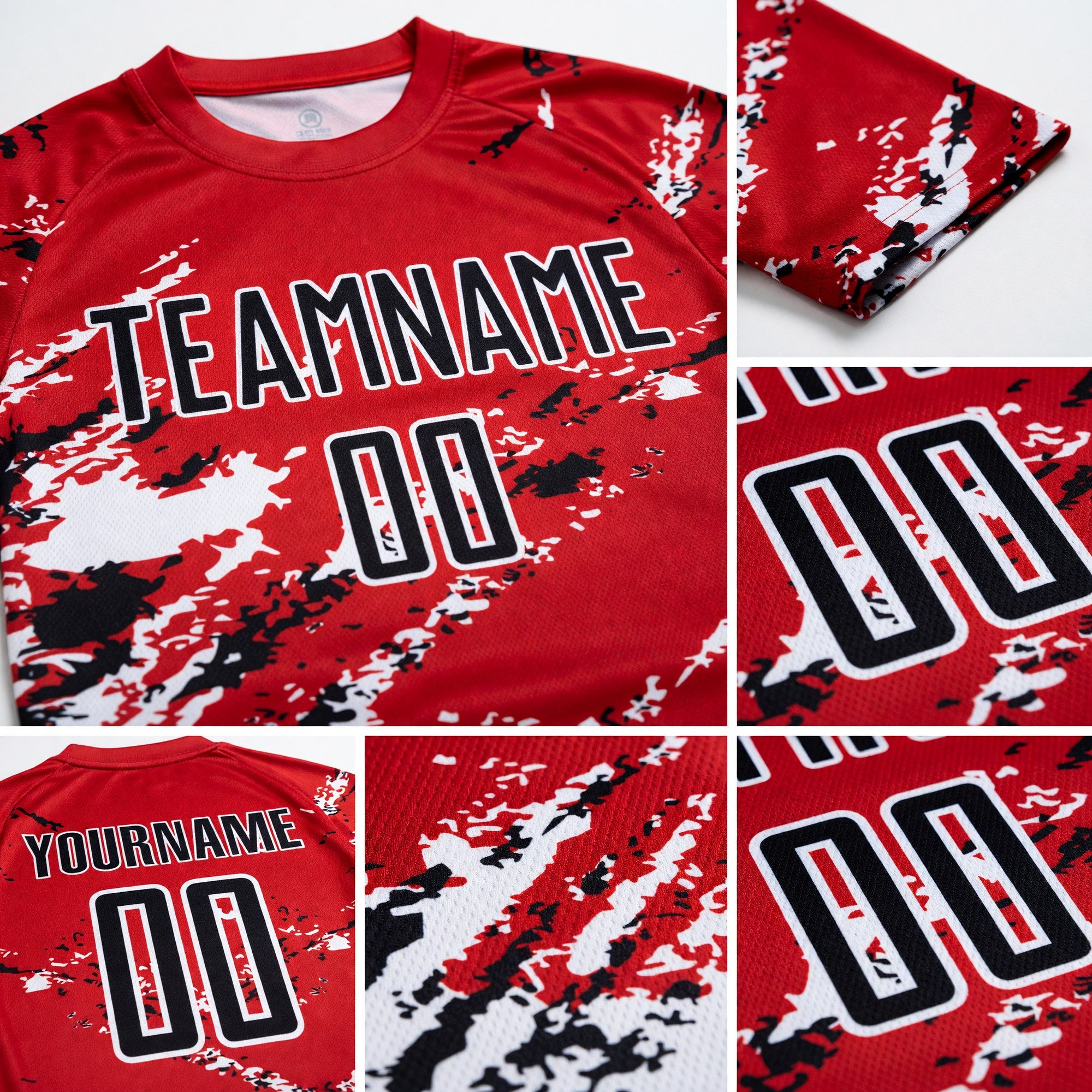 Custom Red Black-White Abstract Fragment Art Splash Sublimation Soccer Uniform Jersey detail