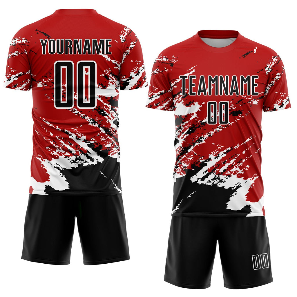 Custom Red Black-White Abstract Fragment Art Splash Sublimation Soccer Uniform Jersey photo 2
