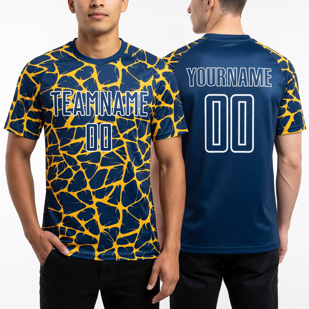 Custom Navy Gold-White Abstract Network Splash Sublimation Soccer Uniform Jersey worn front and back