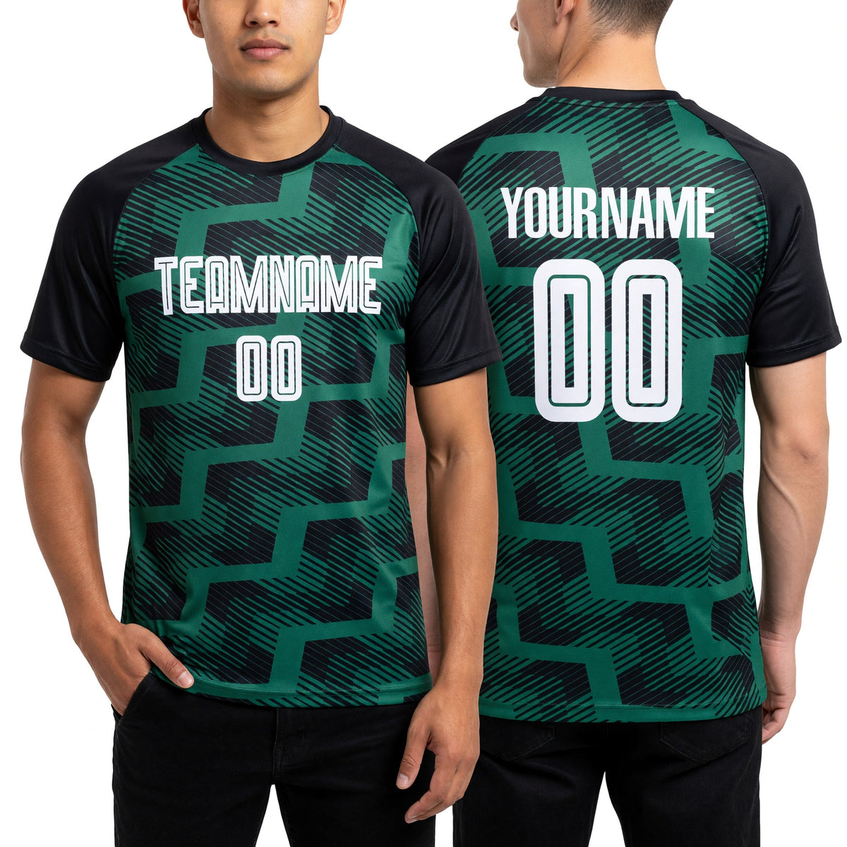Custom Black White-Kelly Green Line Sublimation Soccer Uniform Jersey worn front and back