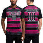 Custom Black Pink-White Geometric Shapes And Line Sublimation Soccer Uniform Jersey worn front and back