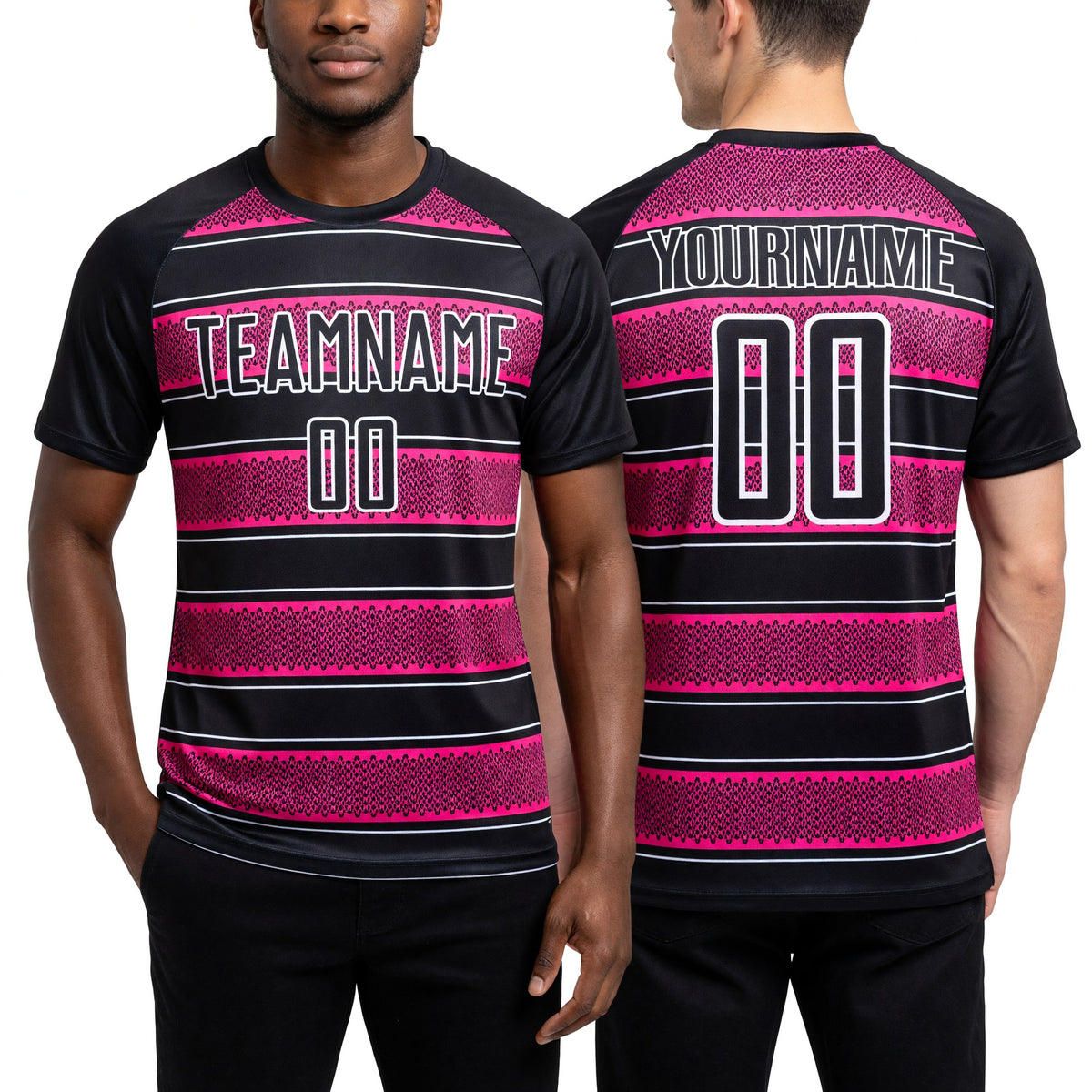 Custom Black Pink-White Geometric Shapes And Line Sublimation Soccer Uniform Jersey worn front and back