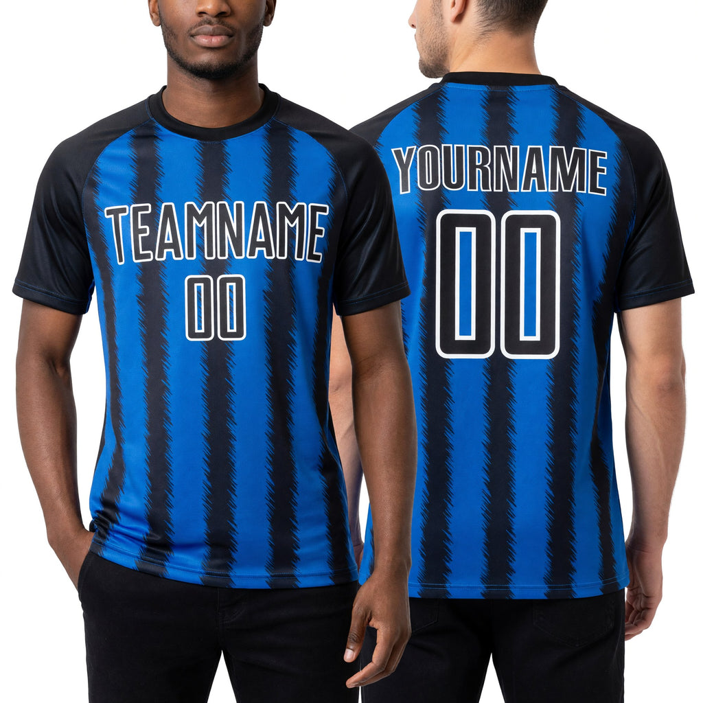 Custom Black Thunder Blue-White Line Sublimation Soccer Uniform Jersey worn front and back