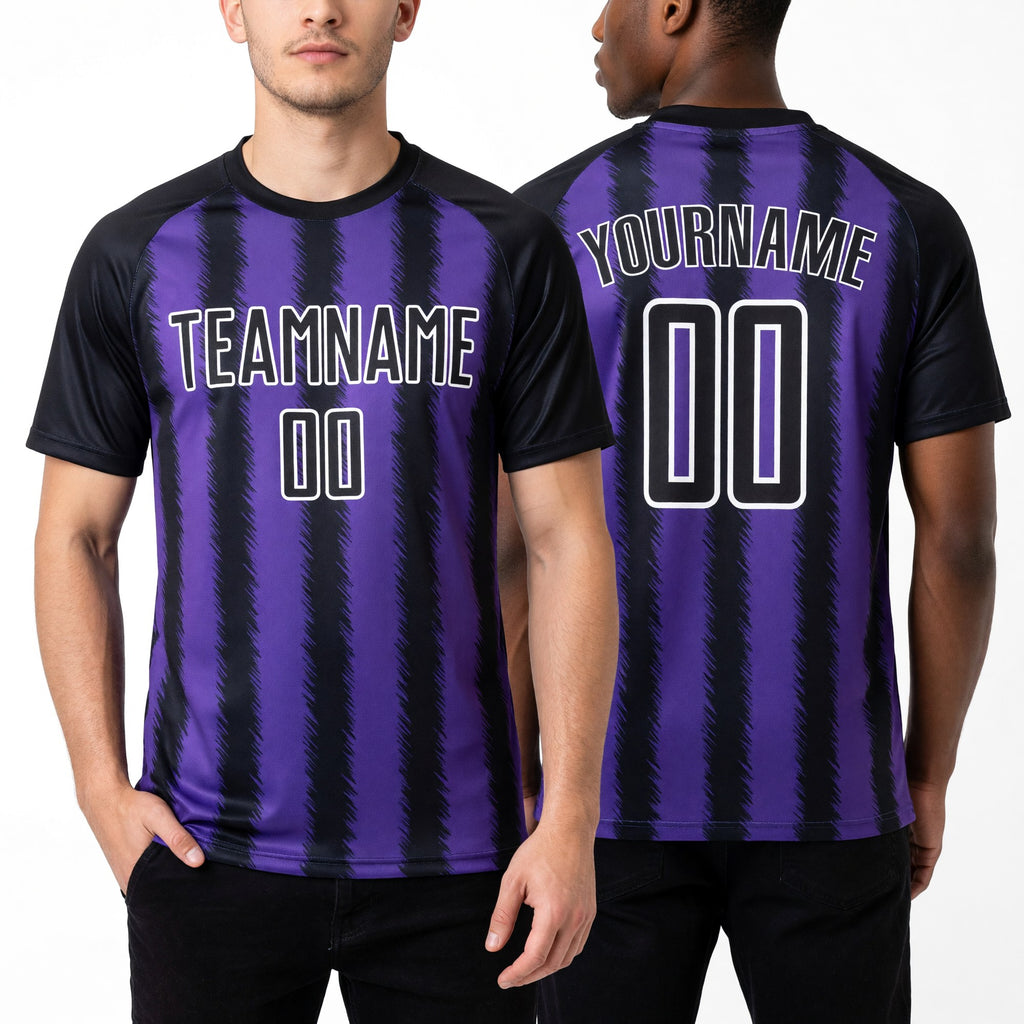 Custom Black Purple-White Line Sublimation Soccer Uniform Jersey worn front and back
