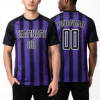 Custom Black Purple-White Line Sublimation Soccer Uniform Jersey worn front and back