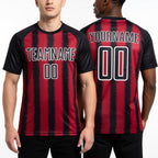 Custom Black Crimson-White Line Sublimation Soccer Uniform Jersey worn front and back