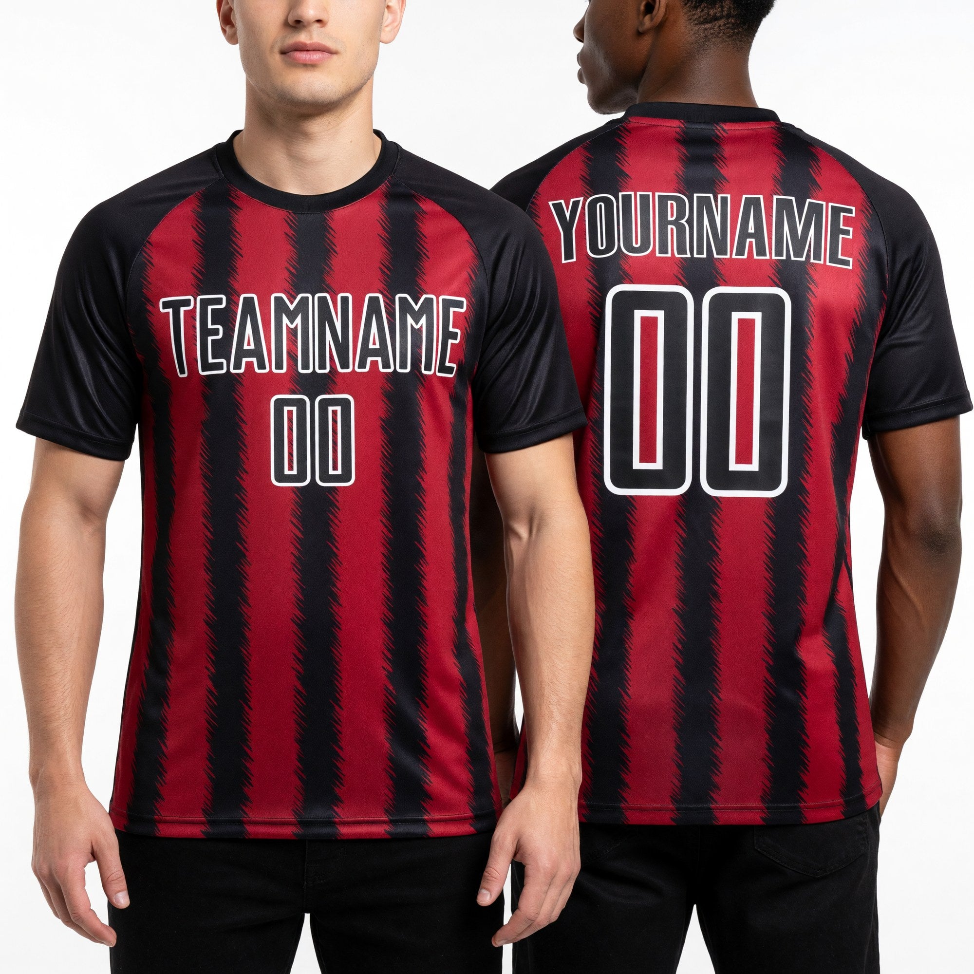 Custom Black Crimson-White Line Sublimation Soccer Uniform Jersey worn front and back