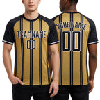 Custom Black Old Gold-White Line Sublimation Soccer Uniform Jersey worn front and back