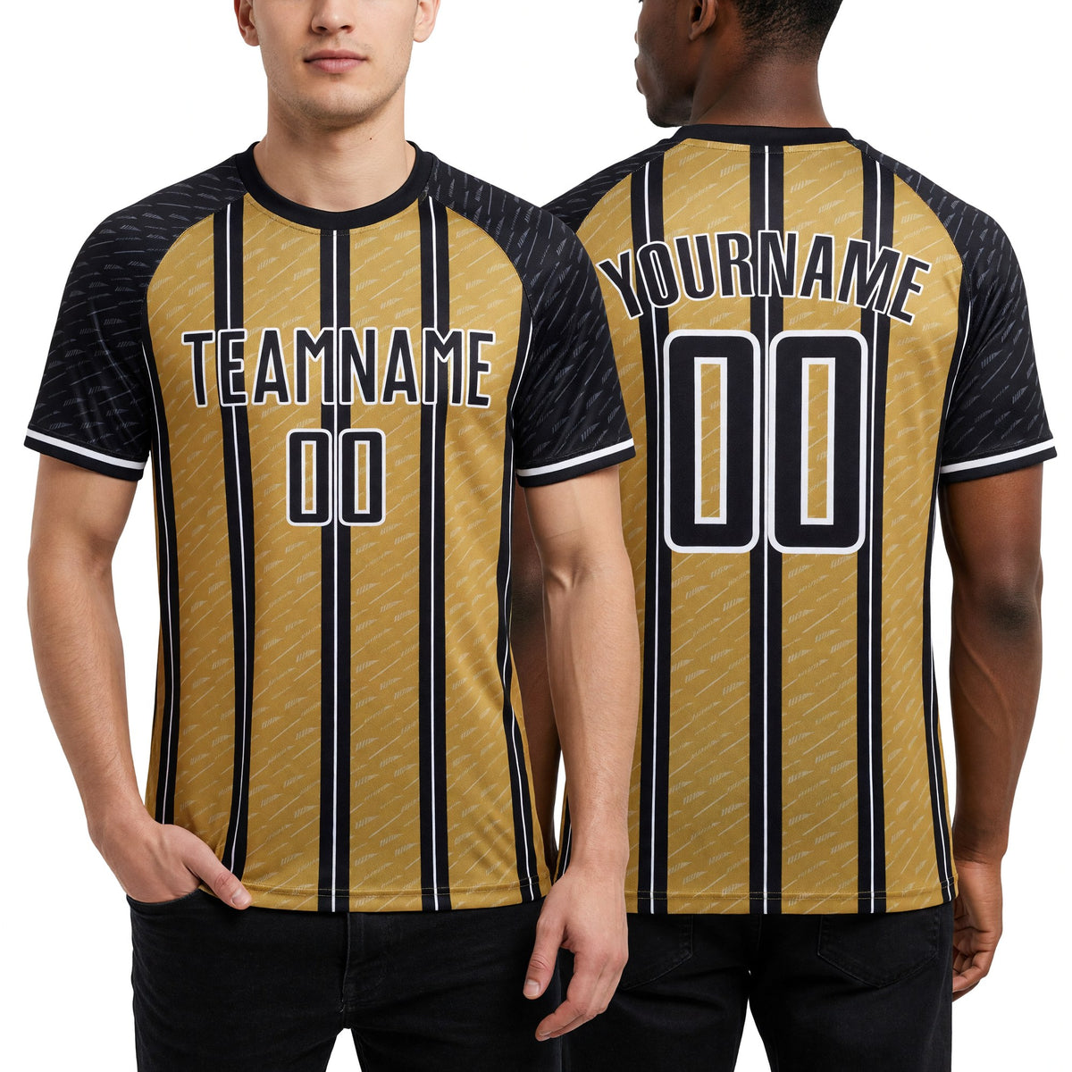 Custom Black Old Gold-White Line Sublimation Soccer Uniform Jersey worn front and back