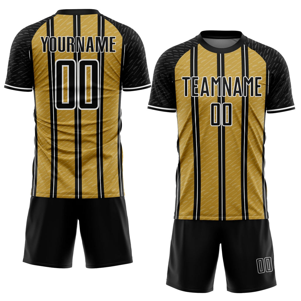 Custom Black Old Gold-White Line Sublimation Soccer Uniform Jersey photo 2