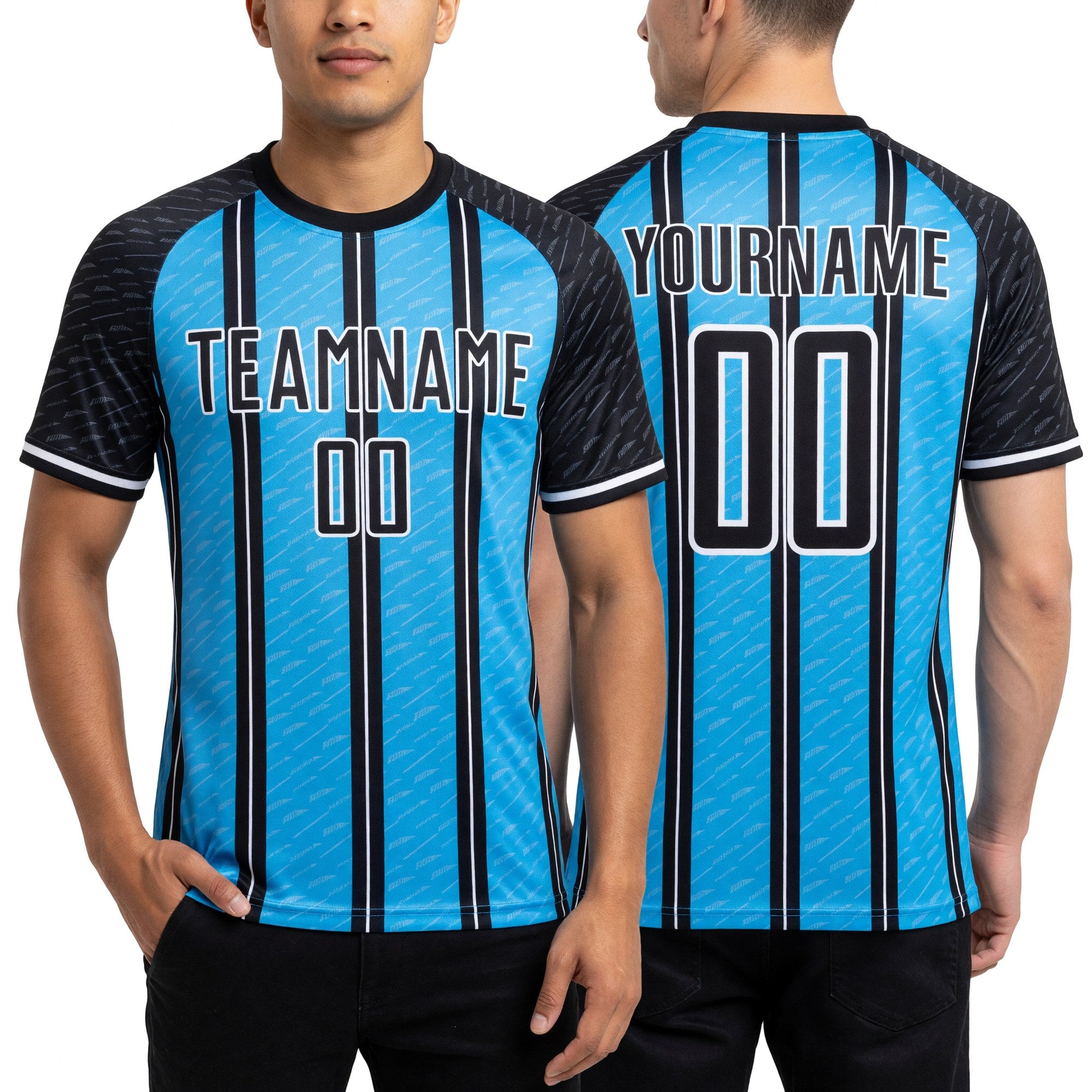 Custom Black Sky Blue-White Line Sublimation Soccer Uniform Jersey worn front and back