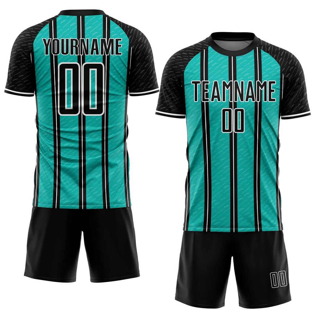 Custom Black Aqua-White Line Sublimation Soccer Uniform Jersey photo 2