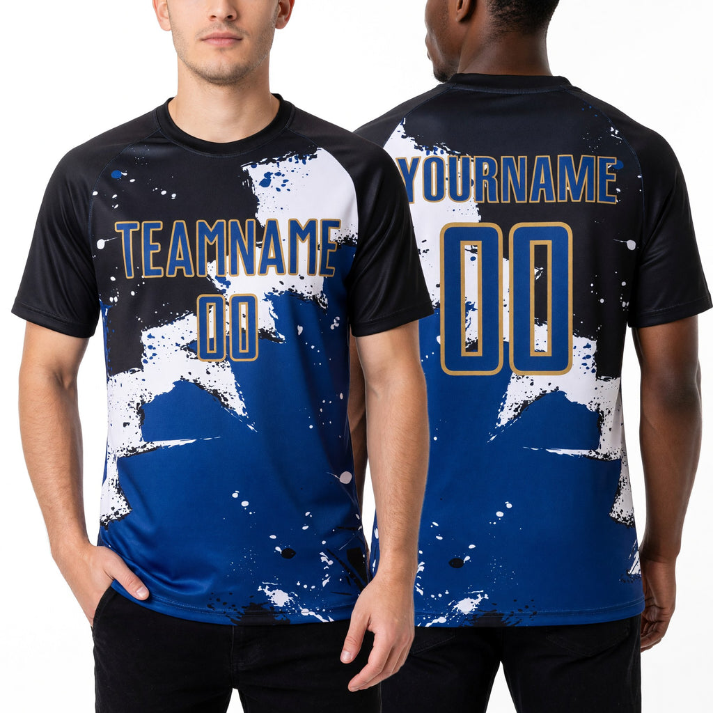 Custom Black Royal-Old Gold Spalsh Sublimation Soccer Uniform Jersey worn front and back