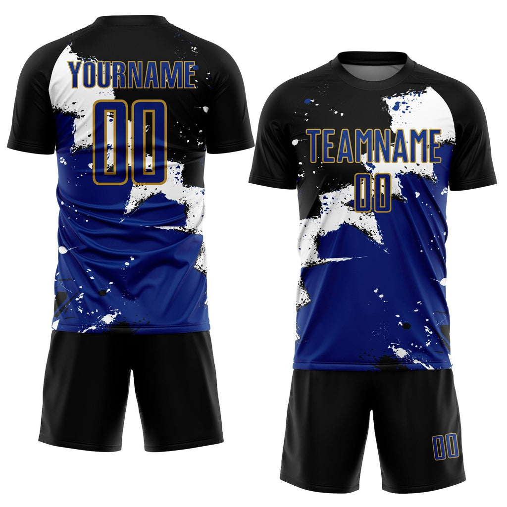 Custom Black Royal-Old Gold Spalsh Sublimation Soccer Uniform Jersey photo 2