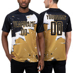 Custom Black White-Old Gold Spalsh Sublimation Soccer Uniform Jersey worn front and back