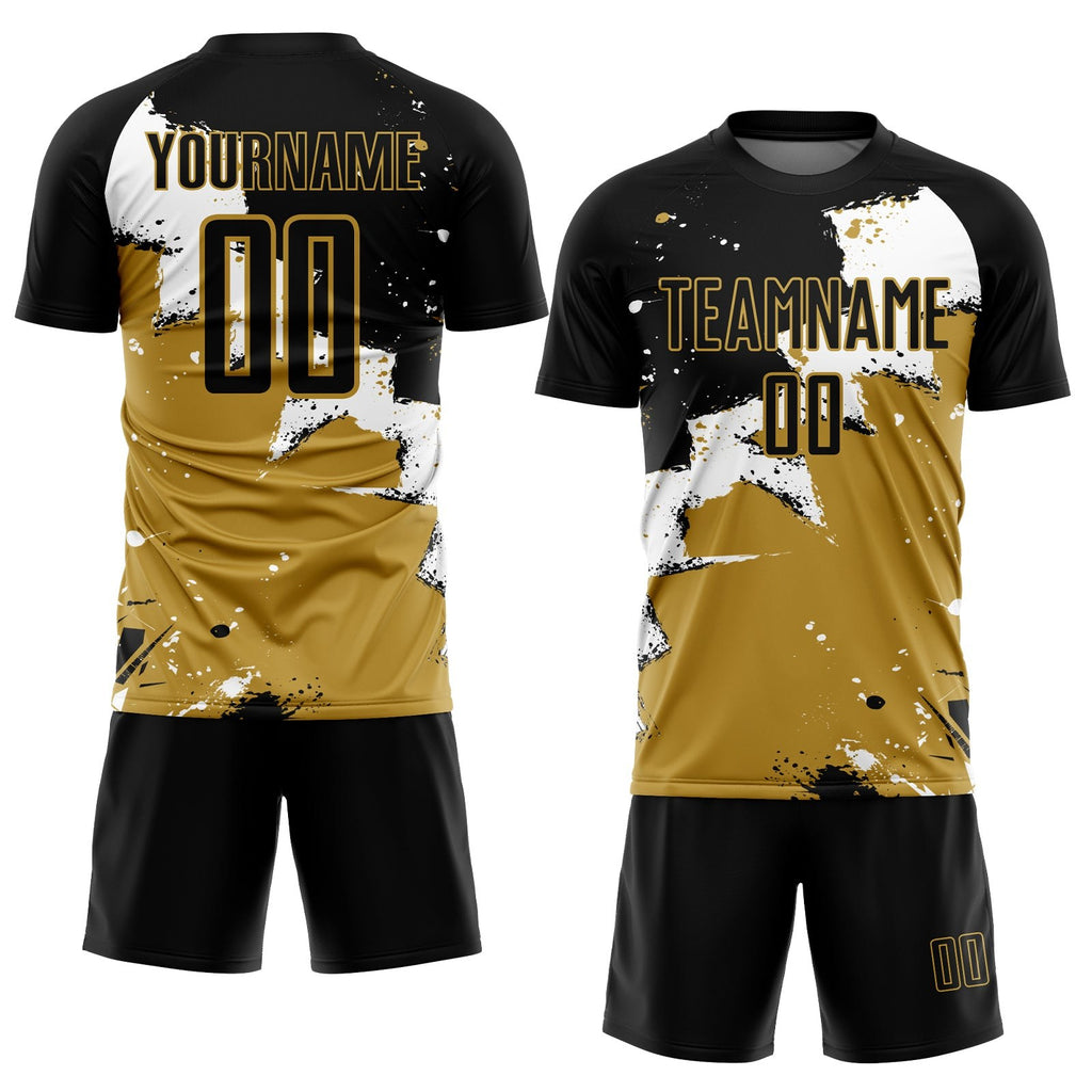 Custom Black White-Old Gold Spalsh Sublimation Soccer Uniform Jersey photo 2