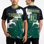Custom Black Kelly Green-Old Gold Spalsh Sublimation Soccer Uniform Jersey worn front and back