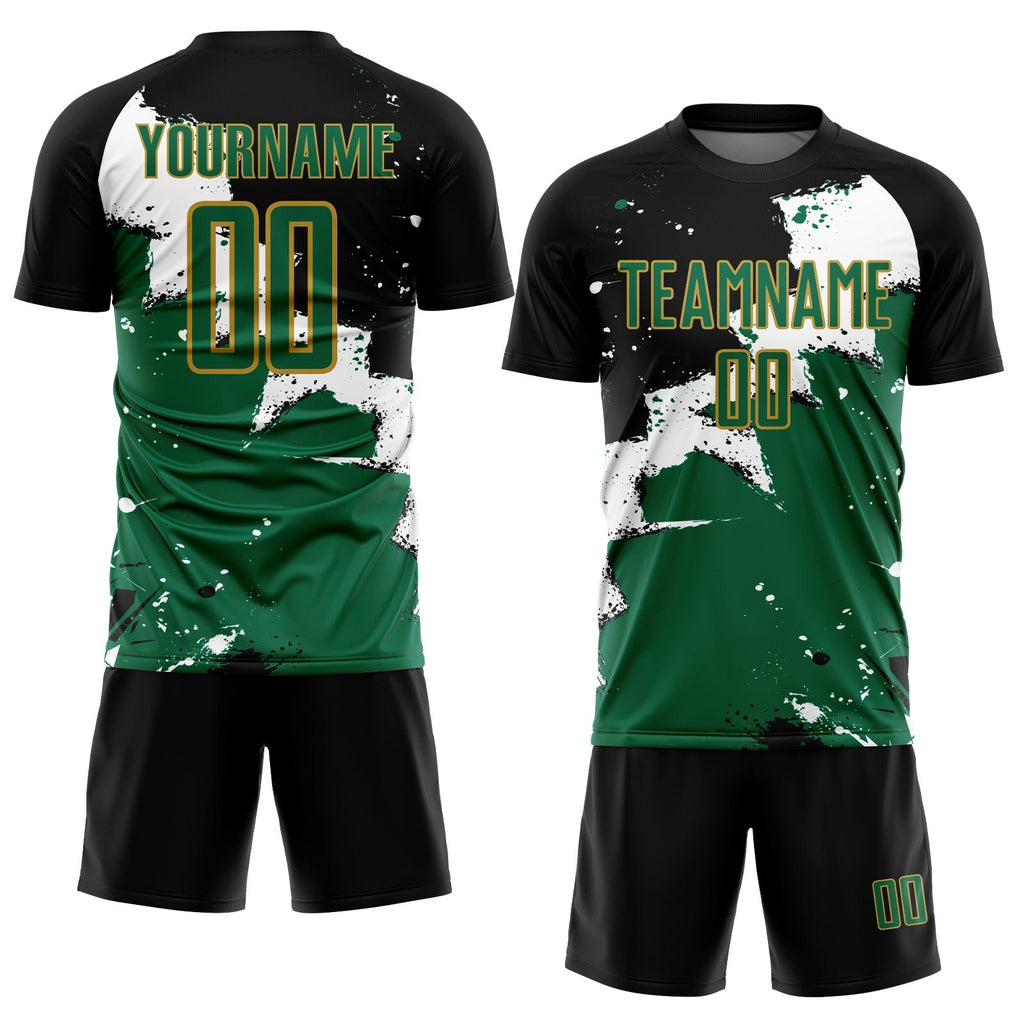 Custom Black Kelly Green-Old Gold Spalsh Sublimation Soccer Uniform Jersey photo 2