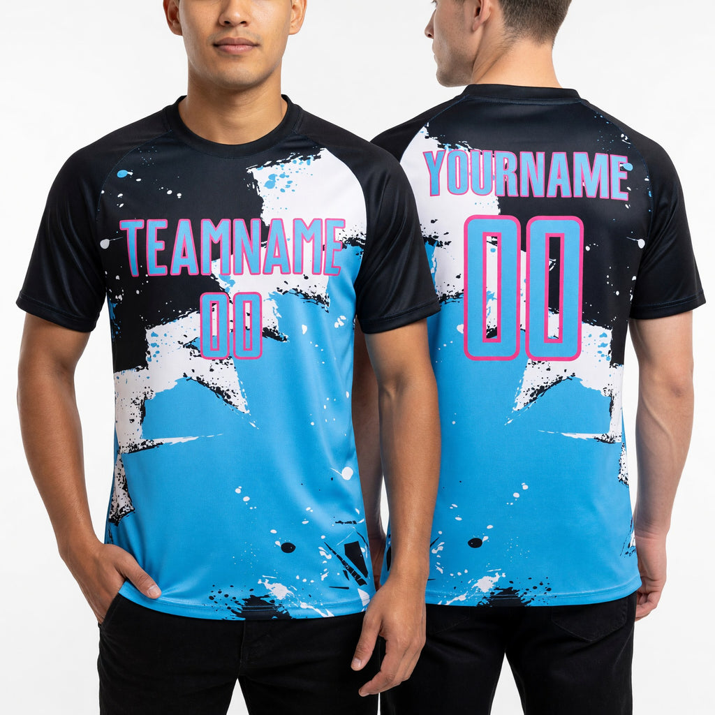 Custom Black Sky Blue-Pink Spalsh Sublimation Soccer Uniform Jersey worn front and back