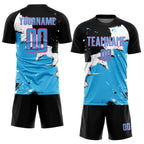Custom Black Sky Blue-Pink Spalsh Sublimation Soccer Uniform Jersey photo 2