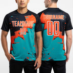 Custom Black Orange-Aqua Spalsh Sublimation Soccer Uniform Jersey worn front and back