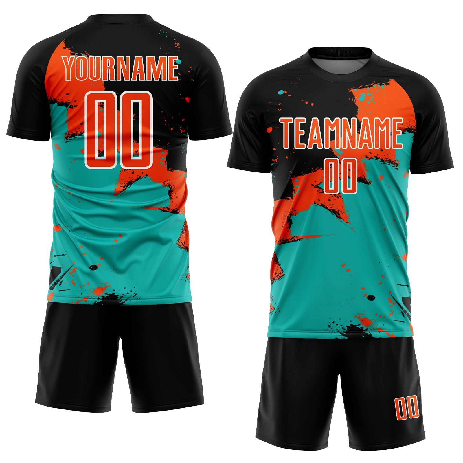 Custom Black Orange-Aqua Spalsh Sublimation Soccer Uniform Jersey photo 2